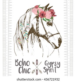 Vector fashion boho chick style horse with flower, feather wreath and arrow. Traditional bohemian decoration. Use for poster, party, fashion, events, promotion, shop, store, design.