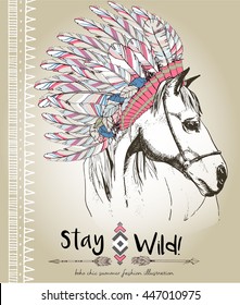 Vector fashion boho chick style horse with flower, feather wreath and arrow. Traditional bohemian decoration. Use for poster, party, fashion, events, promotion, shop, store, design.