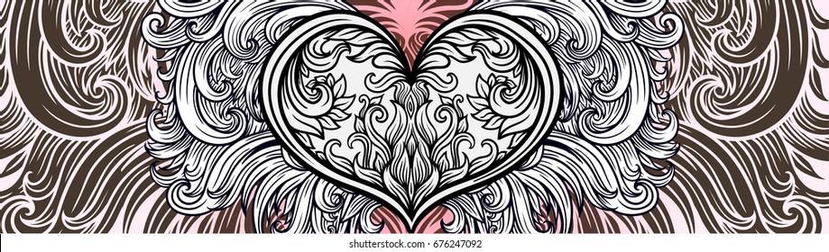 Vector fashion boho chick style header design with ornate filigree decor. Stylized Heart and feathers.