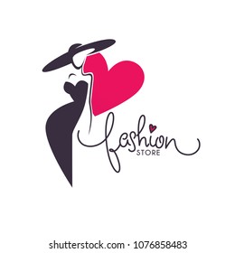 vector  fashion boutique and store logo, label, emblem with  fashionable woman silhouette and lettering composition