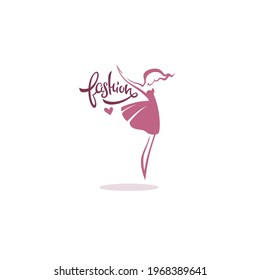 vector  fashion boutique and store logo, label, emblem with  fashionable woman silhouette and lettering composition