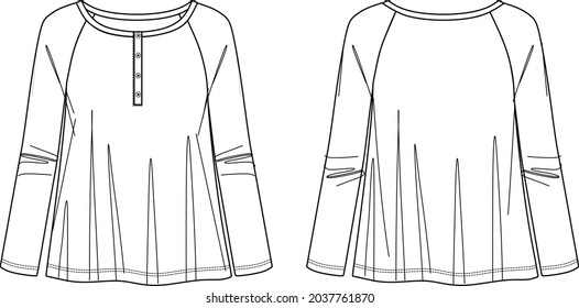 Vector fashion CAD t-shirt with button details, women long sleeved A shape blouse sketch,  women round neck top technical drawing, sketch, flat. Jersey blouse with front, back view, white color