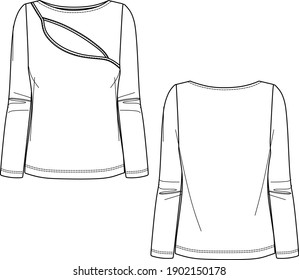 Vector fashion CAD t-shirt, women long sleeved blouse sketch, V-neck women technical drawing