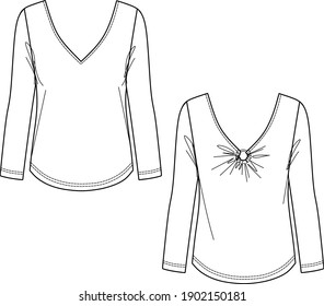 Vector fashion CAD t-shirt, women long sleeved blouse sketch, V-neck women technical drawing