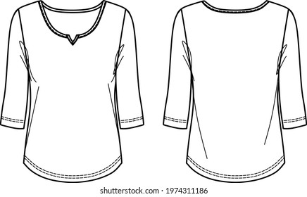 Vector fashion CAD t-shirt, women long sleeved blouse sketch,  women round neck t-shirt technical drawing, sketch, flat. Jersey blouse with front, back view, white color