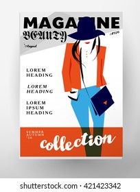 Vector fashion cards template. Beauty invitation, leaflet, poster, placard, banner, advertising design. Hand drawn lady artistic sketch. Woman in hat. Fashion young stylish girl portrait.
