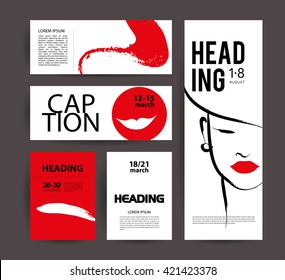Vector fashion cards template. Beauty invitation, leaflet, poster, placard, banner, advertising design. Hand drawn lady artistic sketch. Woman in hat. Fashion young stylish girl portrait.