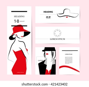 Vector fashion cards template. Beauty invitation, leaflet, poster, placard, banner, advertising design. Hand drawn lady artistic sketch. Woman in hat. Fashion young stylish girl portrait.