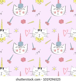 Vector fashion cat seamless pattern. Cute kitten illustration in sketch style. Cartoon animals background. Doodle kitty. Ideal for fabric, wallpaper, wrapping paper, textile, bedding, t-shirt print.