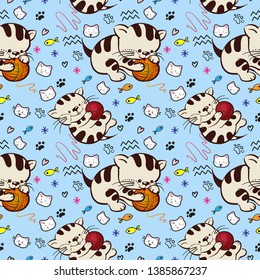 Vector fashion cat seamless pattern. Cute kitten illustration in sketch style. Cartoon animals background. Doodle kitty. Ideal for fabric, wallpaper, wrapping paper, textile, bedding, t-shirt print. 