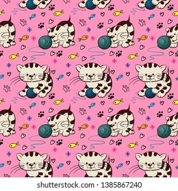 Vector fashion cat seamless pattern. Cute kitten illustration in sketch style. Cartoon animals background. Doodle kitty. Ideal for fabric, wallpaper, wrapping paper, textile, bedding, t-shirt print. 
