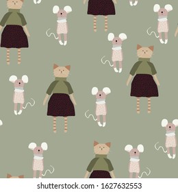 Vector fashion cat seamless pattern. Cute kitten and mouse illustration in sketch style. Cartoon animals background.  Ideal for fabric, wallpaper, wrapping paper, textile, bedding, t-shirt print.