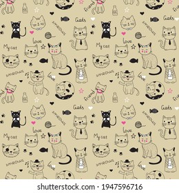 Vector fashion cat seamless pattern. Cute kitten illustration in sketch style. Cartoon animals background. Doodle kitty. Ideal for fabric, wallpaper, wrapping paper, textile, bedding, t-shirt print