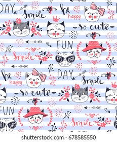 Vector fashion cat seamless pattern. Cute kitten illustration in sketch style. Cartoon animals background. Doodle kitty. Ideal for fabric, wallpaper, wrapping paper, textile, bedding, t-shirt print.