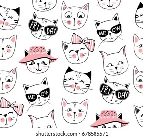 Vector fashion cat seamless pattern. Cute kitten illustration in sketch style. Cartoon animals background. Doodle kitty. Ideal for fabric, wallpaper, wrapping paper, textile, bedding, t-shirt print.