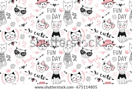 Vector fashion cat seamless pattern. Cute kitten illustration in sketch style. Cartoon animals background. Doodle kitty. Ideal for fabric, wallpaper, wrapping paper, textile, bedding, t-shirt print.