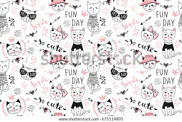 ベクターファッション猫のシームレスなパターン スケッチスタイルのかわいい子猫イラスト アニメの背景 落書き風子猫 布地 壁紙 包装紙 繊維 寝具 Tシャツの印刷に最適です のベクター画像素材 ロイヤリティフリー