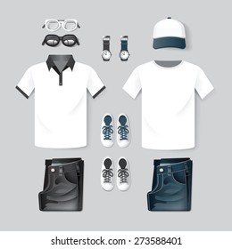 Vector fashion clothing, cap, t-shirt, jean,two tone hipster mock up design template/ layout.