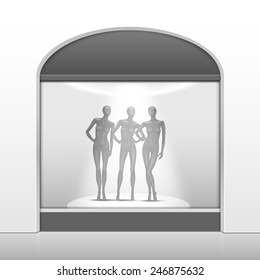 Vector Fashion Clothing Shop Boutique Store Front with Big Window and Mannequins