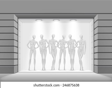 Vektor Fashion Cloud Shop Boutique Store Front mit Big Window und Mannequins