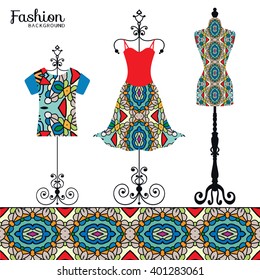 Vector fashion collection with dress, t-shirt, vintage tailor's dummy and seamless decorative ornate border. Isolated elements for fabric print, scrapbook or invitation cards design.