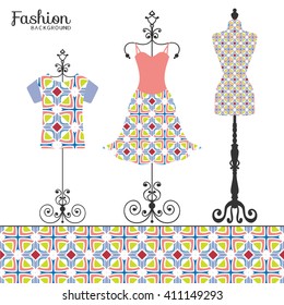 Vector fashion collection with dress, t-shirt, vintage tailor's dummy and seamless decorative ornate border. Isolated elements for fabric print, scrapbook or invitation cards design.