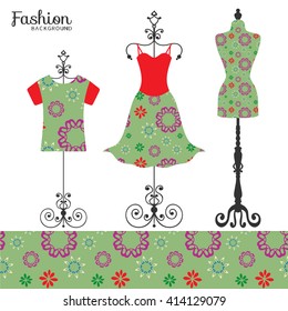 Vector fashion collection with dress, t-shirt, vintage tailor's dummy and seamless decorative ornate border. Isolated elements for fabric print, scrapbook or invitation cards design.