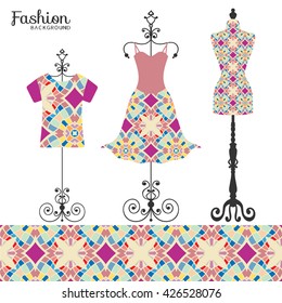 Vector fashion collection with dress, t-shirt, vintage tailor's dummy and seamless decorative ornate border. Isolated elements for fabric print, scrapbook or invitation cards design.