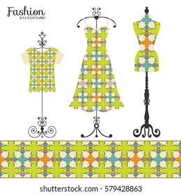 Vector fashion collection with dress, t-shirt, vintage tailor's dummy and seamless decorative ornate border. Isolated elements for fabric print, scrapbook or invitation cards design.