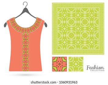 Vector fashion collection. Embroidered t-shirt, women's blouse on a hanger, bandana shawl with lace ornament, seamless geometric patterns set. Isolated design elements for textile fabric, paper print