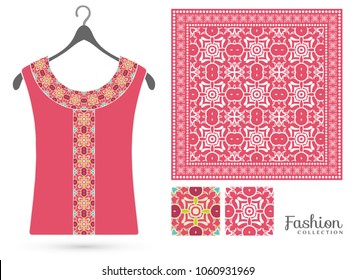 Vector fashion collection. Embroidered t-shirt, women's blouse on a hanger, bandana shawl with lace ornament, seamless geometric patterns set. Isolated design elements for textile fabric, paper print