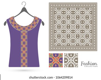 Vector fashion collection. Embroidered t-shirt, women's blouse on a hanger, bandana shawl with lace ornament, seamless geometric patterns set. Isolated design elements for textile fabric, paper print