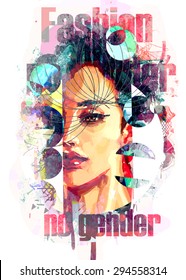 Vector fashion composition  with a female face, text and painted elements