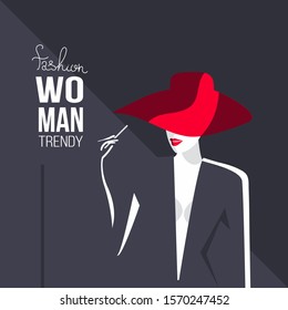 Vector  fashion concept in flat style. Beautiful woman  on dark background.