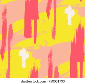 Vector fashion contrast trendy pattern. Modern funny hipster texture. Red cross brush stroke background, Simple random fabric art in yellow pink colors