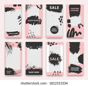 Vector fashion, cosmetics, grunge style stories. Trendy editable template for social networks story, illustration. Design backgrounds for social media