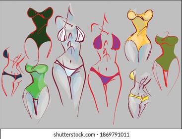 VECTOR fashion creative handmade Set with the beautiful sport young girl  in bikini for design logo 