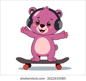 Vector fashion design for children t-shirt. 
Cute teddy pink bear on skateboard
with headphones isolated on transparent background. 
Print for fabric, clothing for boy and girl in cartoon style.