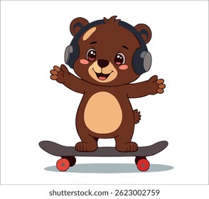 Vector fashion design for children t-shirt. Cute teddy brown bear on skateboard with headphones isolated on transparent background. Print for fabric, clothing for boy and girl in cartoon style.