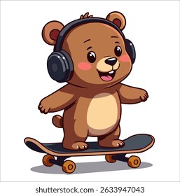Design de moda vetorial para camiseta infantil. 
Urso de pelúcia marrom bonito no skate
com fones de ouvido isolados em fundo transparente. 
Impressão de tecido, roupas para menino e menina em estilo cartoon.