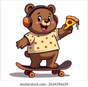 Vector fashion design for children t-shirt. 
Cute fat brown teddy bear on skateboard
with headphones, slice of pizza
isolated on transparent background. 
Print for fabric, clothing in cartoon style.