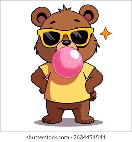 Design de moda vetorial para camiseta infantil. Urso de pelúcia marrom bonito em óculos de sol puffs para fora chiclete rosa isolado no fundo transparente. Impressão para tecido, roupas para menino, menina em estilo cartoon.