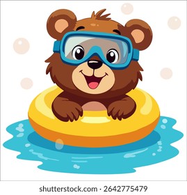 Vector fashion design for children t-shirt. 
Teddy bear in scuba diving mask
with inflatable ring swims on sea
on transparent background. 
Print for fabric, clothing for boy and girl 
in cartoon style