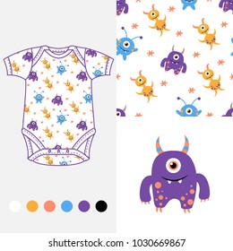 vector fashion design set for baby wear monster collection, seamless monster pattern vector illustration