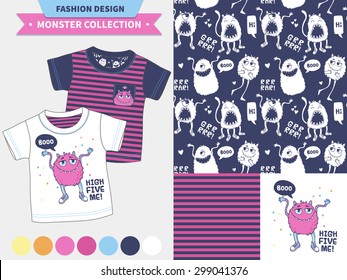 Vector fashion design set for baby and kids wear (artwork, seamless pattern). Monster collection.