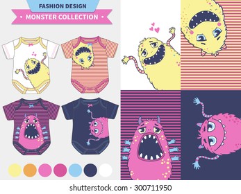 Vector fashion design set for baby and kids wear. Monster collection.