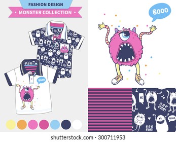 Vector fashion design set for baby and kids wear (artwork, seamless pattern). Monster collection.