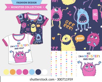 Vector fashion design set for baby and kids wear (artwork, seamless polka dot pattern). Monster collection.