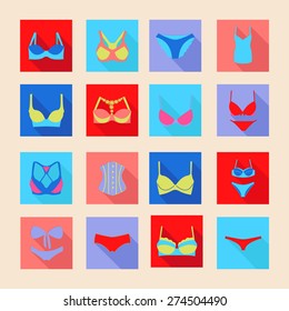 Vector Moda Diferentes tipos de iconos de sujetadores y pantalones- Ilustración de silueta