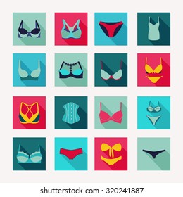 Vector Fashion Different types icons of bras and pants- Illustration silhouette
